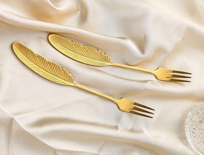 طقم شوك حلويات ذهبي مزخرف على شكل ريشة – 6 قطع