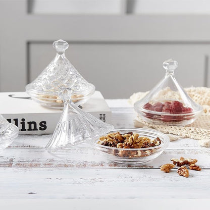 طبق حلوى زجاجي شفاف مع غطاء أنيق