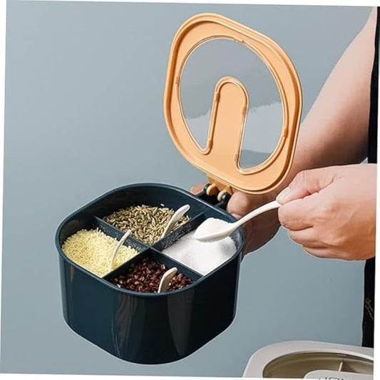 علبة بهارات بلاستيكية مقسّمة بـ 4 فتحات مع ملاعق وغطاء عملي للمطبخ