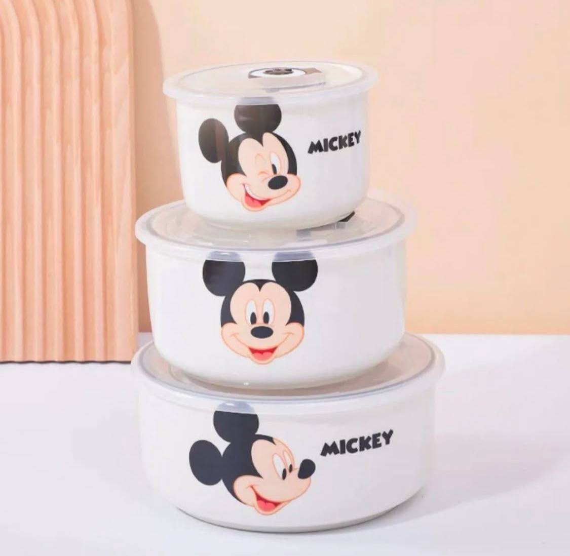 طقم ثلاجة بورسلين 3 قطع ديزني بغطاء محكم بشفط الهواء