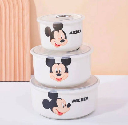 طقم ثلاجة بورسلين 3 قطع ديزني بغطاء محكم بشفط الهواء