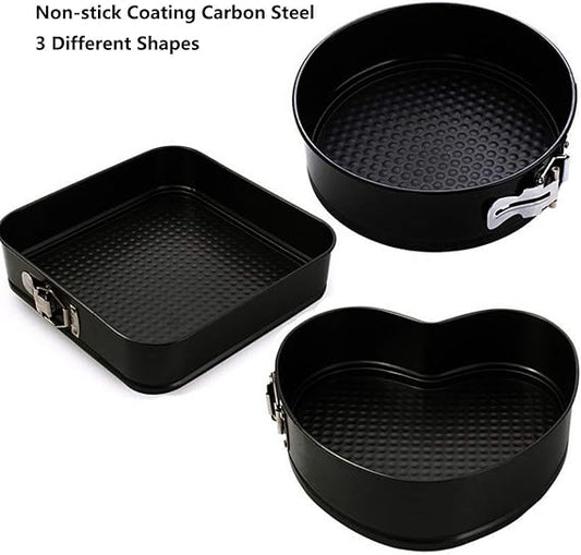 صينية كيك سريعة الفك مقاومة للالتصاق بقاعدة قابلة للفصل، طقم من 3 قطع من الصلب الكربوني باللون الأسود