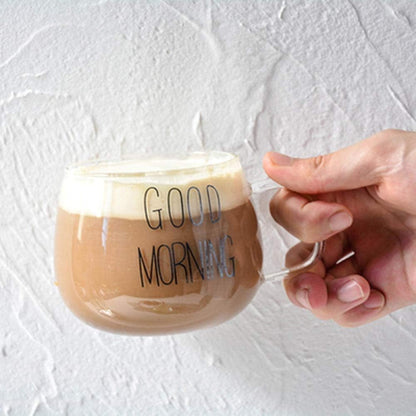 كوب زجاج بطباعة "Good Morning" – تصميم أنيق للمشروبات الساخنة،