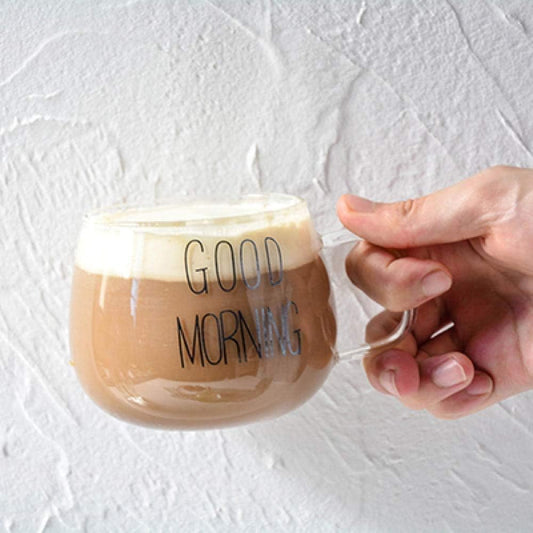 كوب زجاج بطباعة "Good Morning" – تصميم أنيق للمشروبات الساخنة،