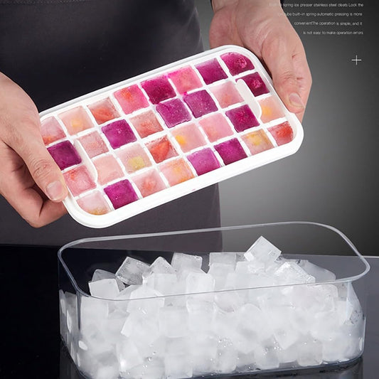 صينية مكعبات ثلج سيليكون بغطاء بلمسة واحدة مع صندوق تخزين