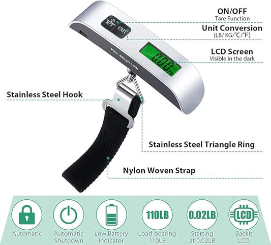 ميزان شنط السفر رقمي لوزن مع قراءة درجة الحرارة (فضي) من بي جيه الكترونيكس 50.0 كيلوجرام
