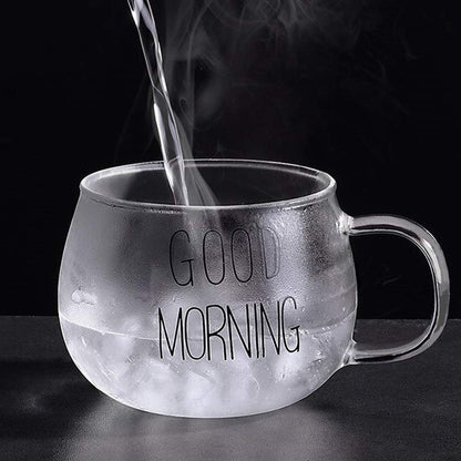 كوب زجاج بطباعة "Good Morning" – تصميم أنيق للمشروبات الساخنة،