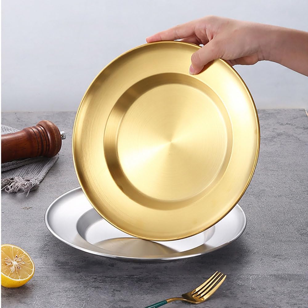 طبق عشاء ذهبي سميك من الستانلس ستيل – تصميم فاخر مستدير للطعام والفواكه
