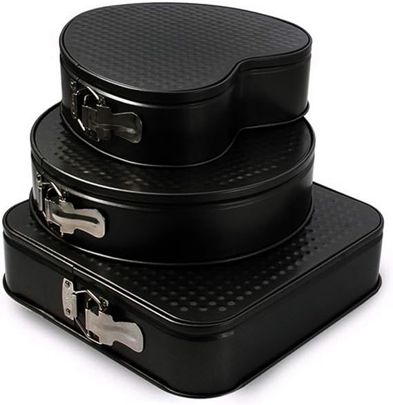 صينية كيك سريعة الفك مقاومة للالتصاق بقاعدة قابلة للفصل، طقم من 3 قطع من الصلب الكربوني باللون الأسود