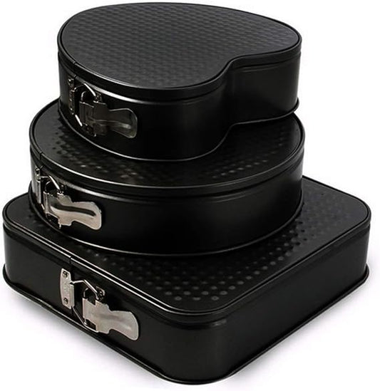 صينية كيك سريعة الفك مقاومة للالتصاق بقاعدة قابلة للفصل، طقم من 3 قطع من الصلب الكربوني باللون الأسود