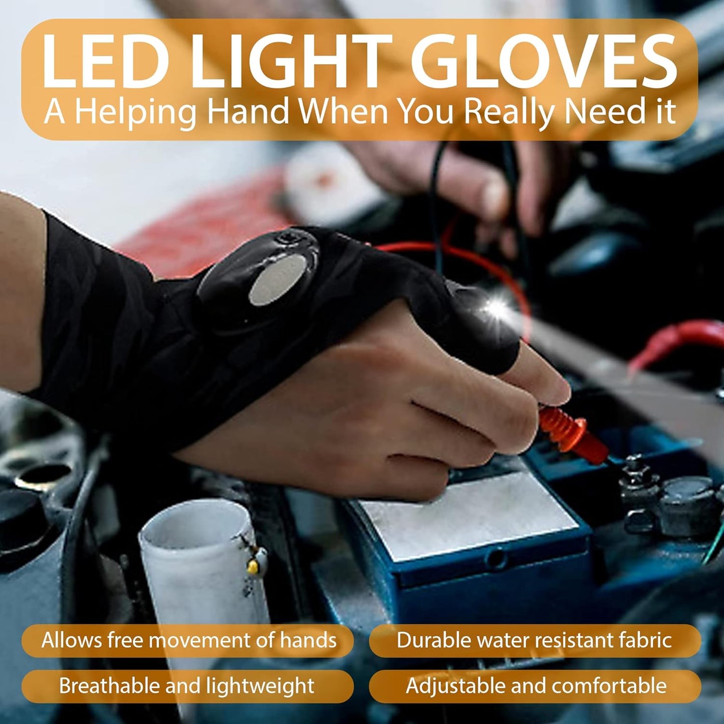 قفازات بمصباح يدوي ليد – قفازات مضيئة بدون أصابع مقاومة للماء وتعمل بالبطارية