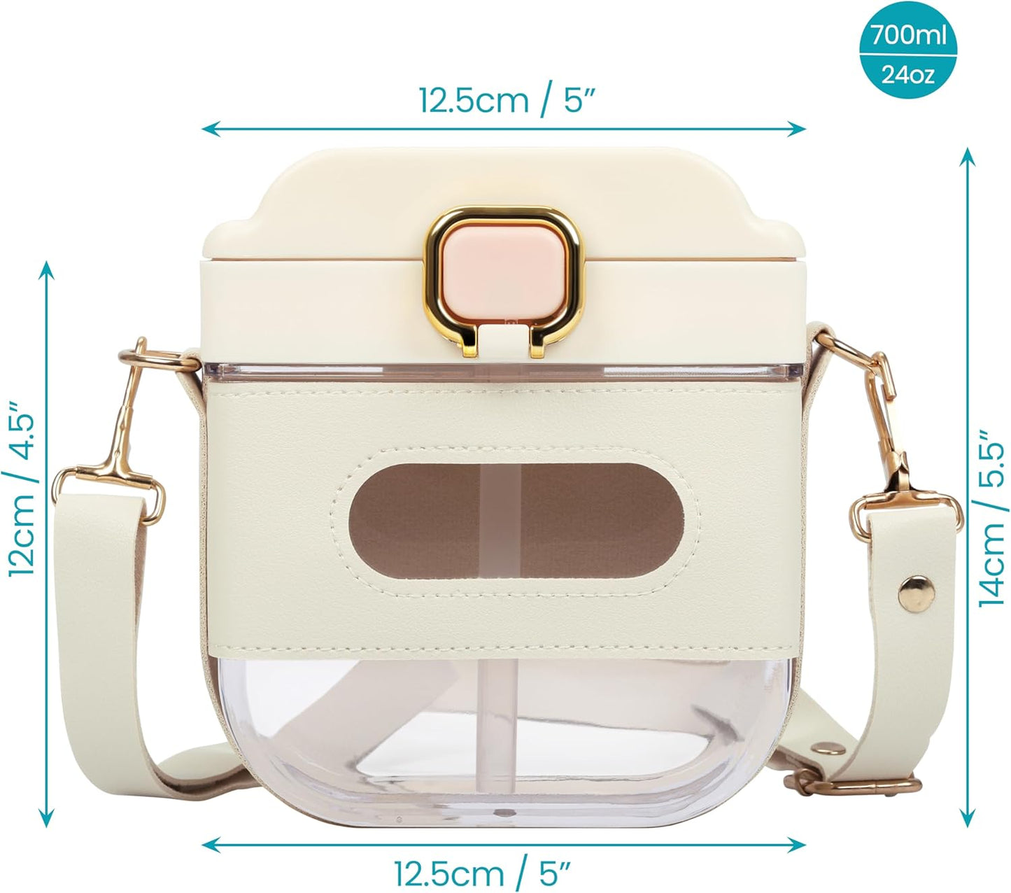 زجاجة مياه مربعة بسعة 700 مل مع حزام قابل للتعديل وشفّاطة – تصميم عملي وأنيق مانع للتسريب