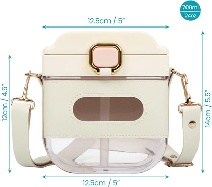 زجاجة مياه مربعة بسعة 700 مل مع حزام قابل للتعديل وشفّاطة – تصميم عملي وأنيق مانع للتسريب