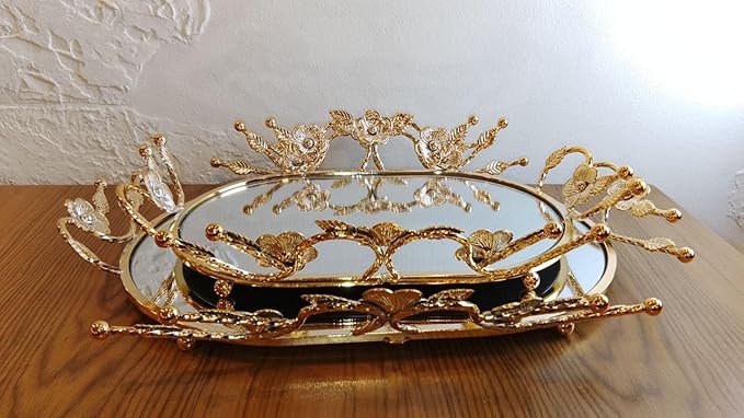 طقم صواني فاخرة من قطعتين بإطار معدني ذهبي مزخرف وزجاج معكوس ديكوري