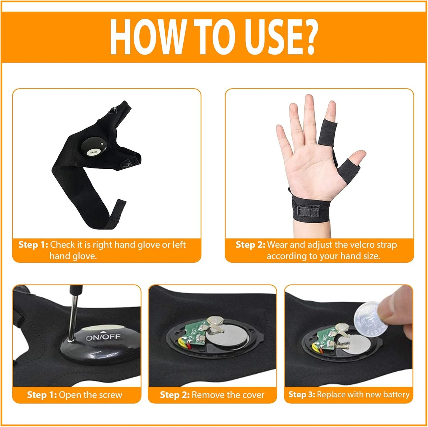 قفازات بمصباح يدوي ليد – قفازات مضيئة بدون أصابع مقاومة للماء وتعمل بالبطارية