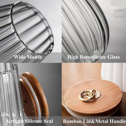 علبة تخزين زجاجية محكمة الغلق بغطاء خيزران ومقبض معدني بسعة 700مل