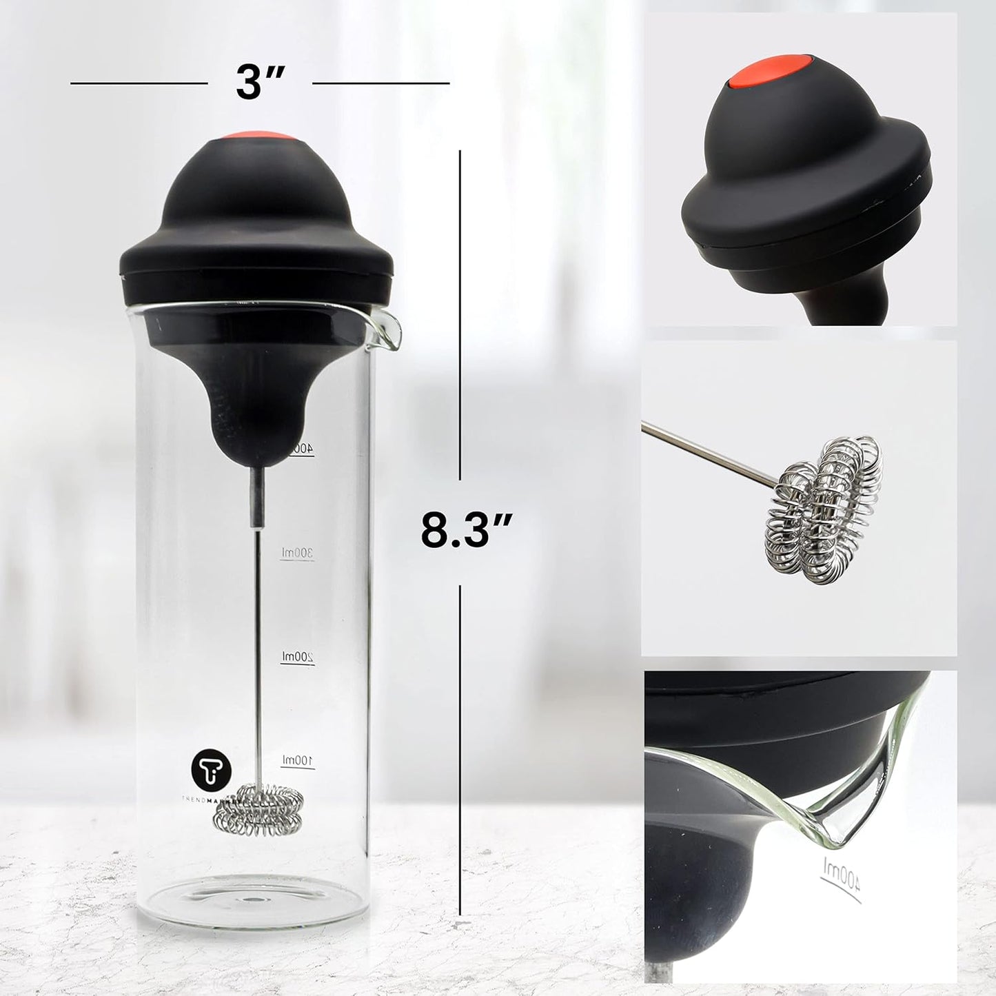 أداة خفق اللبن محمولة باليد تعمل بالبطارية للقهوة واللاتيه والفرابي والماتشا مع مضرب مزدوج من الفولاذ المقاوم للصدأ وكوب رغوة