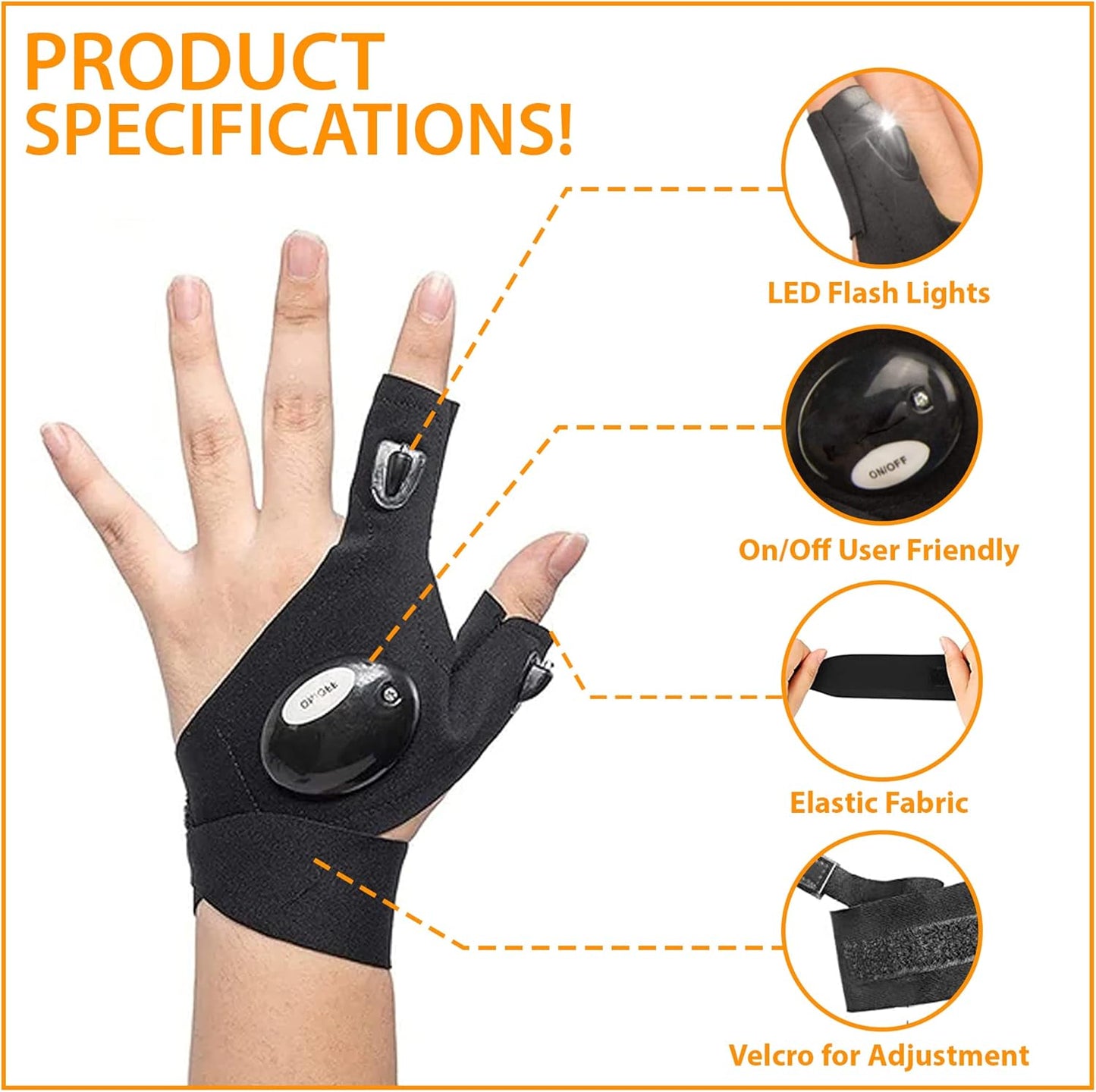 قفازات بمصباح يدوي ليد – قفازات مضيئة بدون أصابع مقاومة للماء وتعمل بالبطارية