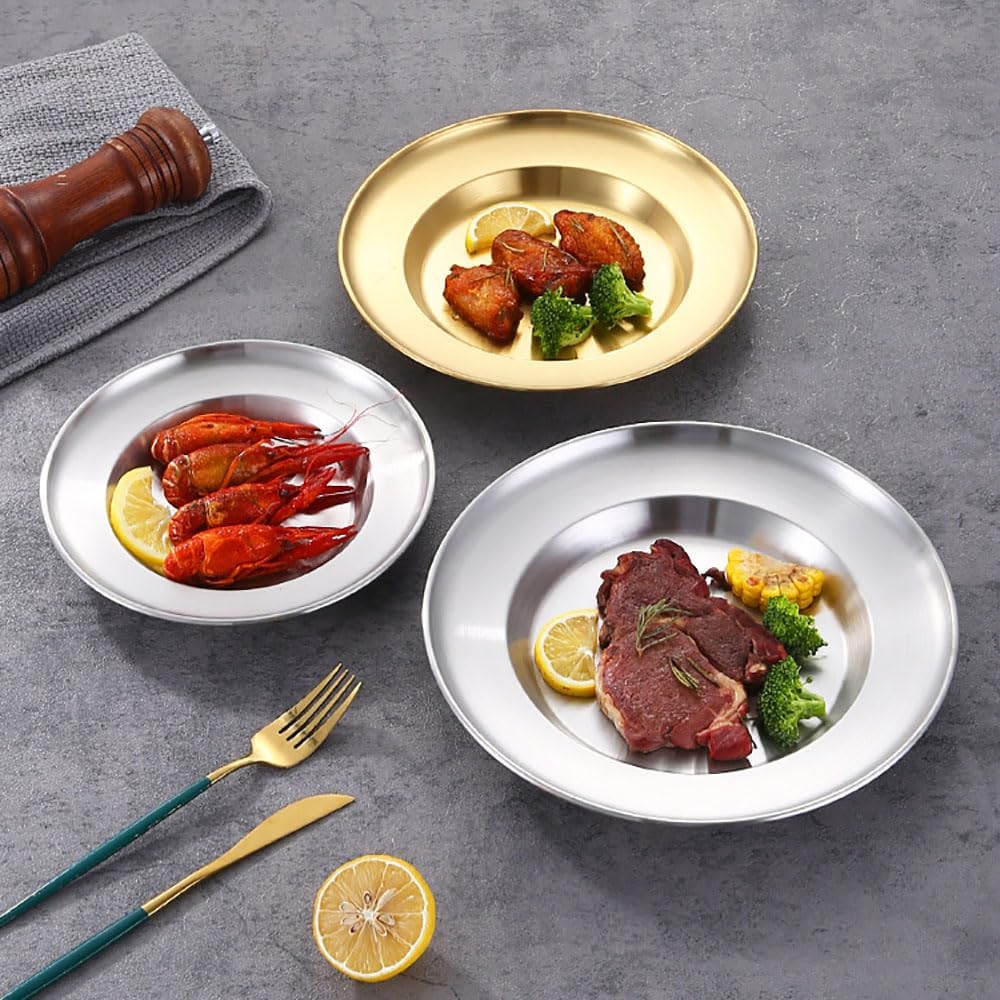 طبق عشاء ذهبي سميك من الستانلس ستيل – تصميم فاخر مستدير للطعام والفواكه