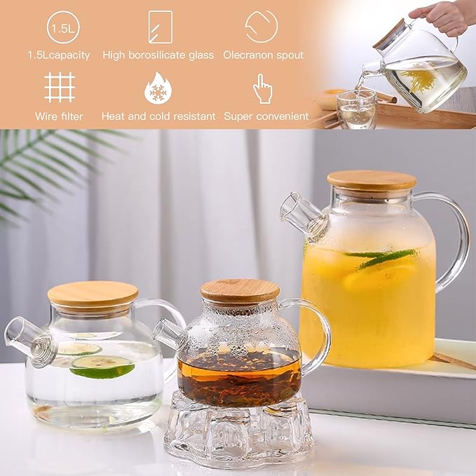 إبريق شاي زجاجي 1500 مل – بغطاء خشبي ومصفاة للشاي