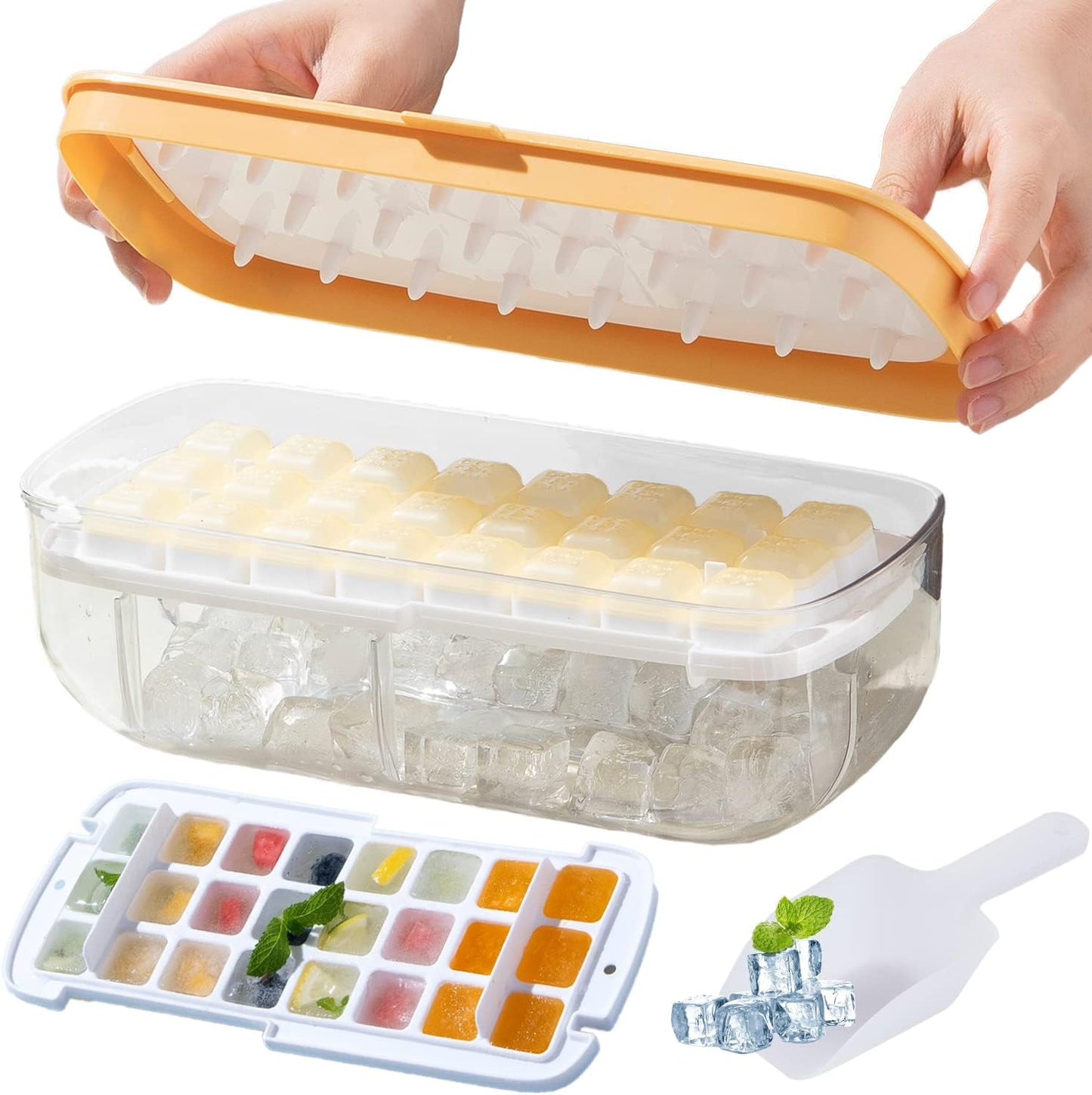 صينية مكعبات ثلج مزدوجة الطبقات مع غطاء ومغرفة – 24 قطعة كبيرة