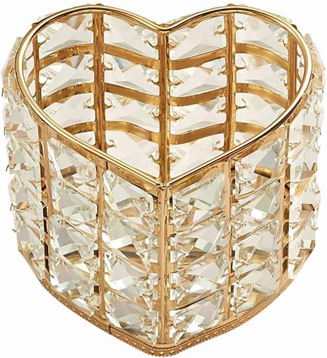 صندوق تخزين فرش المكياج الكريستالي – تصميم قلب ذهبي متعدد الاستخدامات