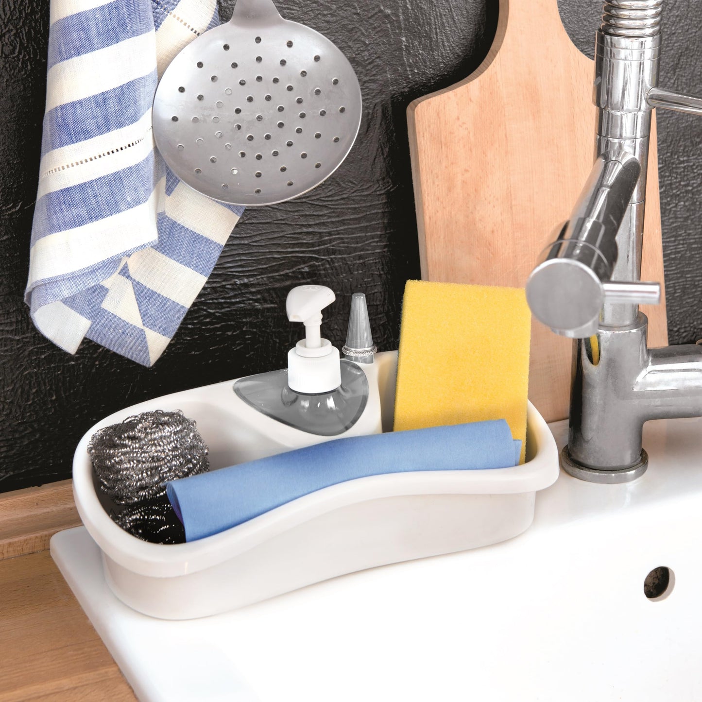 حامل تصريف مع موزع صابون وإسفنجة متعدد الاستخدامات