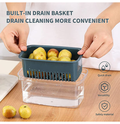 علبة تخزين للثلاجة بغطاء قابل للتصفية وسلة داخلية