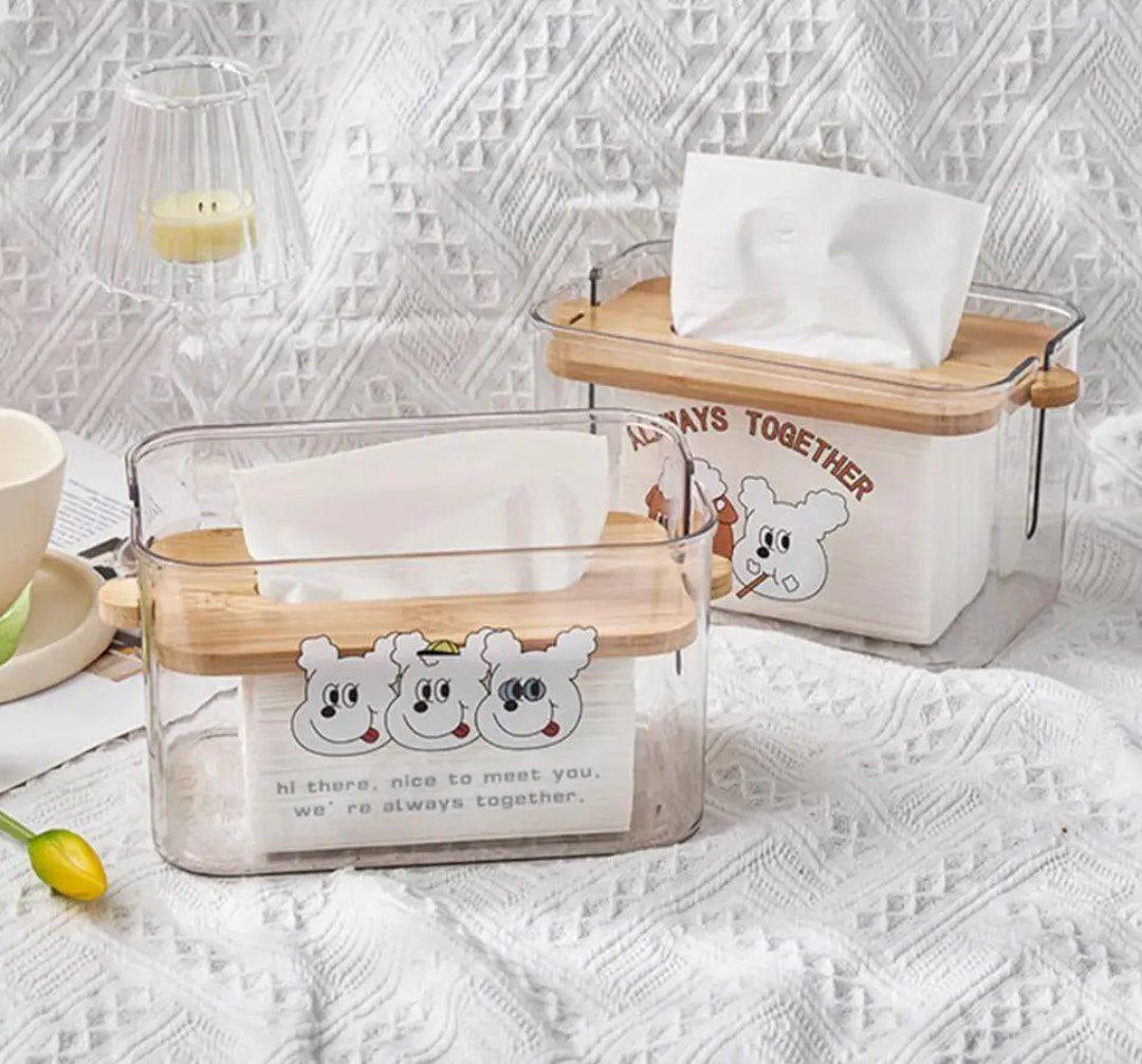 علبة مناديل أكريليك دبدوب بغطاء خشب بامبو