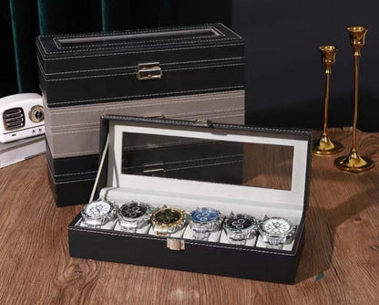 بوكس ساعات وصندوق تخزين مجوهرات – جلد فاخر 6 خانات
