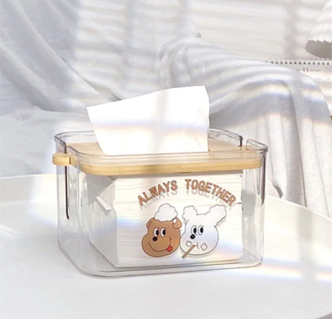 علبة مناديل أكريليك دبدوب بغطاء خشب بامبو