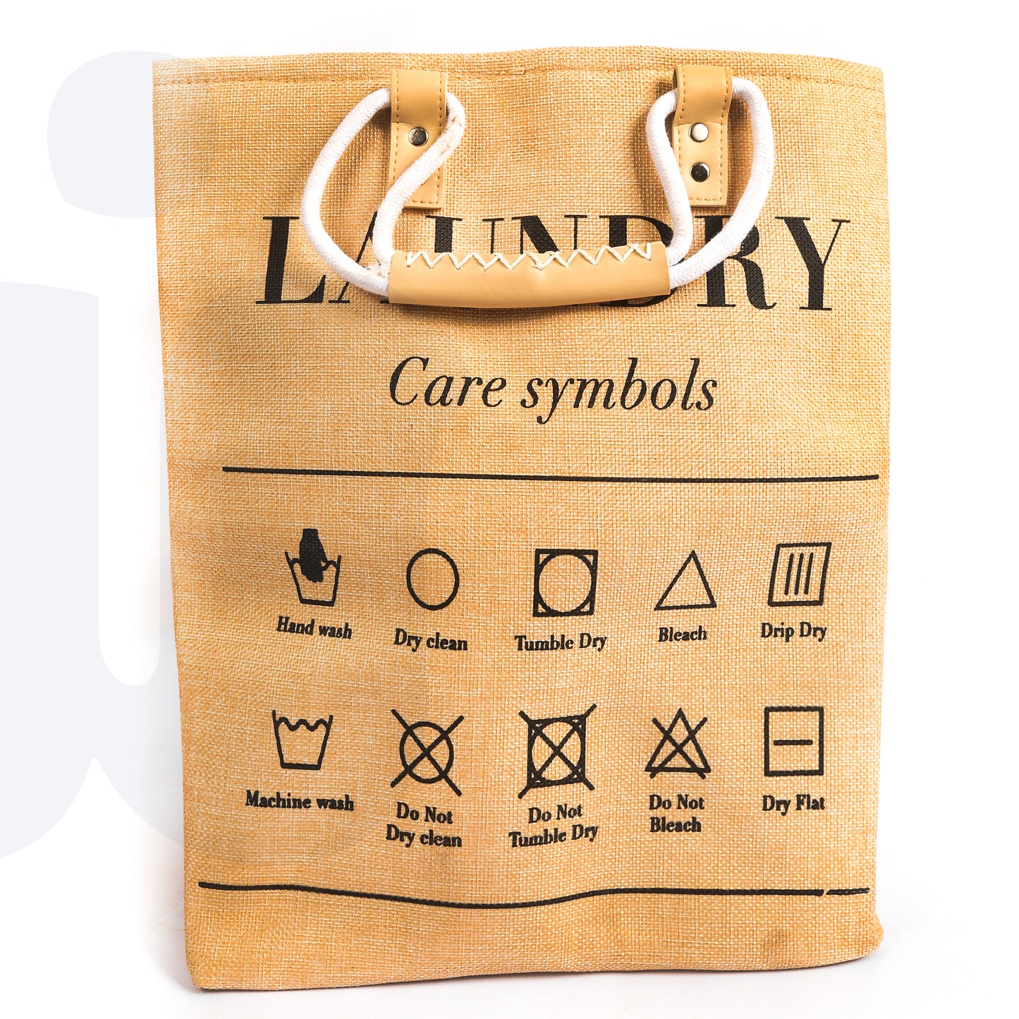 سلة غسيل قماشية مع رموز العناية ومقابض مزدوجة