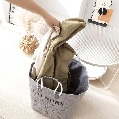 سلة غسيل قماشية مع رموز العناية ومقابض مزدوجة