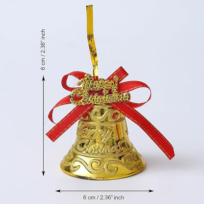 مجموعة أجراس ذهبية بتصميم أنيق لزينة الكريسماس – 6 قطع مع شريط أحمر لتزيين شجرة عيد الميلاد والديكور المنزلي – بلاستيك عالي الجودة من إي كرافت إنديا
