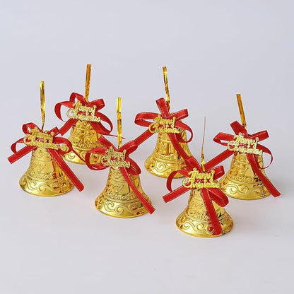 مجموعة أجراس ذهبية بتصميم أنيق لزينة الكريسماس – 6 قطع مع شريط أحمر لتزيين شجرة عيد الميلاد والديكور المنزلي – بلاستيك عالي الجودة من إي كرافت إنديا