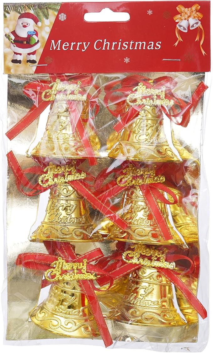 مجموعة أجراس ذهبية بتصميم أنيق لزينة الكريسماس – 6 قطع مع شريط أحمر لتزيين شجرة عيد الميلاد والديكور المنزلي – بلاستيك عالي الجودة من إي كرافت إنديا