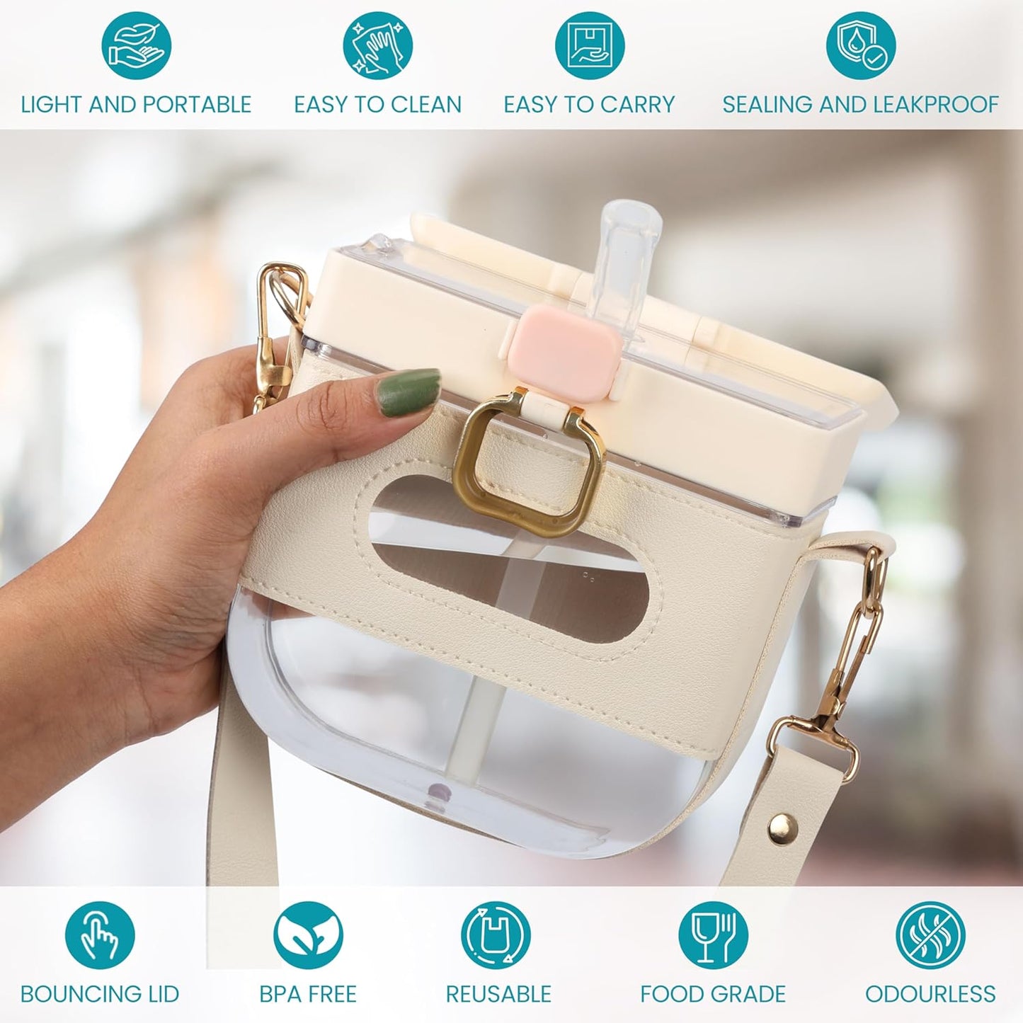 زجاجة مياه مربعة بسعة 700 مل مع حزام قابل للتعديل وشفّاطة – تصميم عملي وأنيق مانع للتسريب