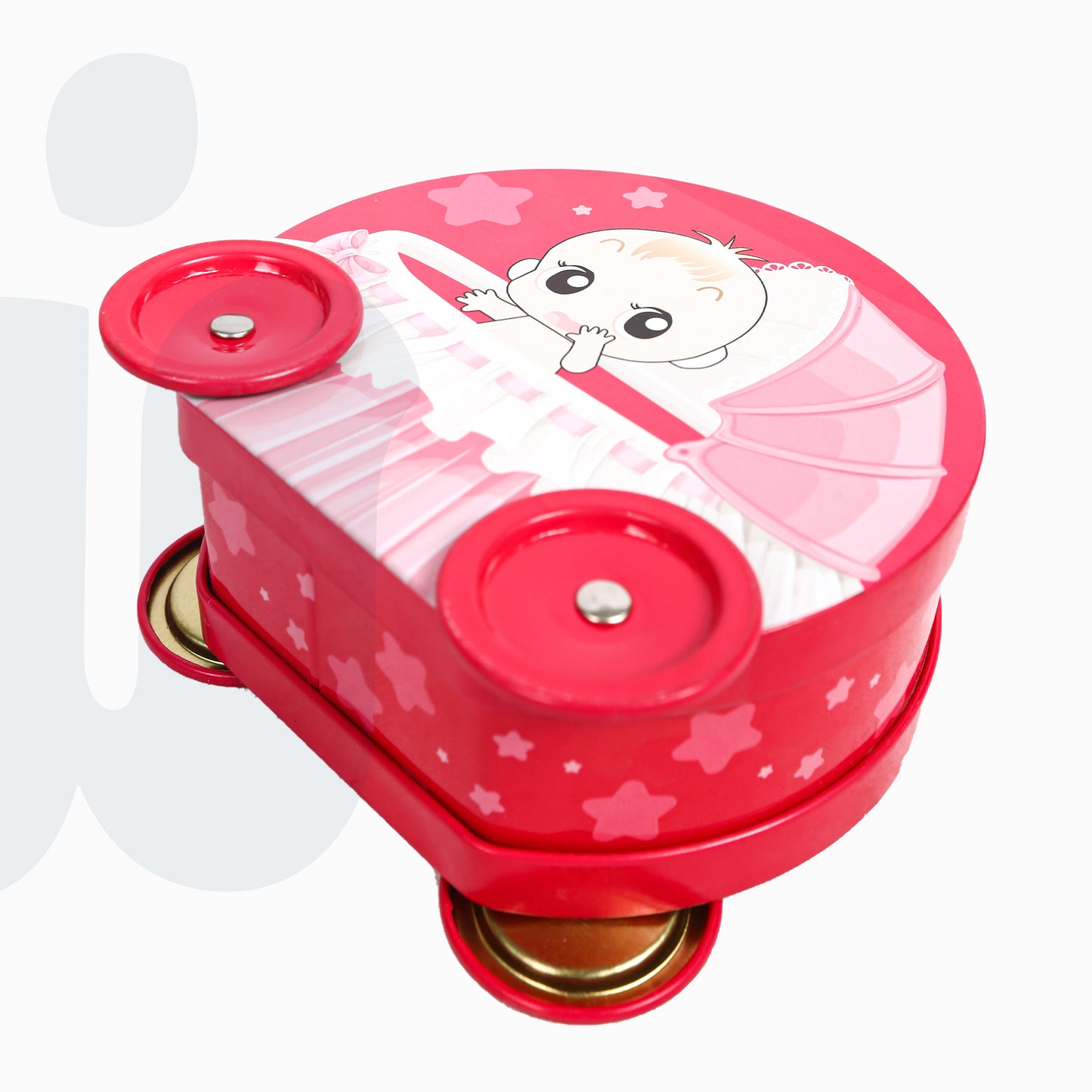 علبة حلوى معدنية بتصميم عربة أطفال كرتونية