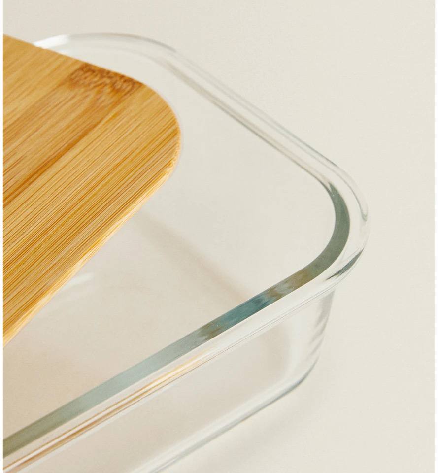 طقم علب ثلاجة زجاج بيركس مستطيل بغطاء خشب بامبو – 3 قطع