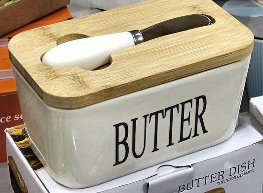 حافظة زبدة بورسلين مستوردة بغطاء خشب بامبو وسكينة ستانلس ستيل