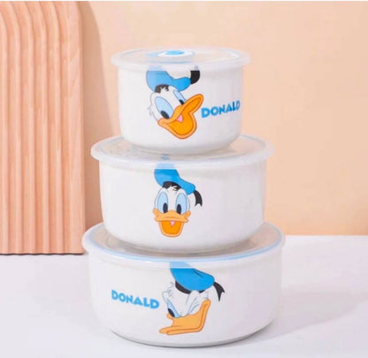 طقم ثلاجة بورسلين 3 قطع ديزني بغطاء محكم بشفط الهواء