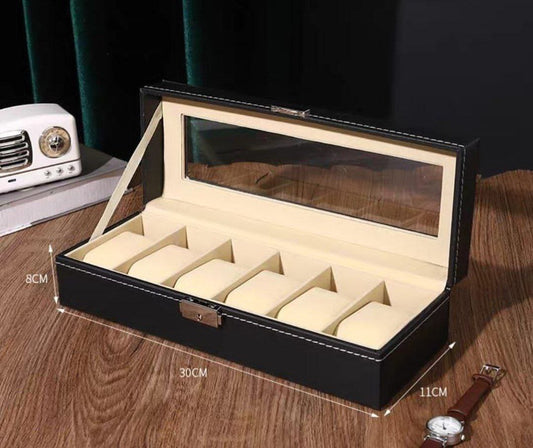 بوكس ساعات وصندوق تخزين مجوهرات – جلد فاخر 6 خانات