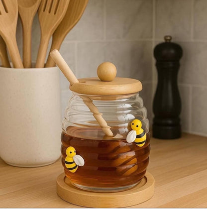 برطمان عسل بيركس بزجاج وغطاء خشبي مع ملعقة
