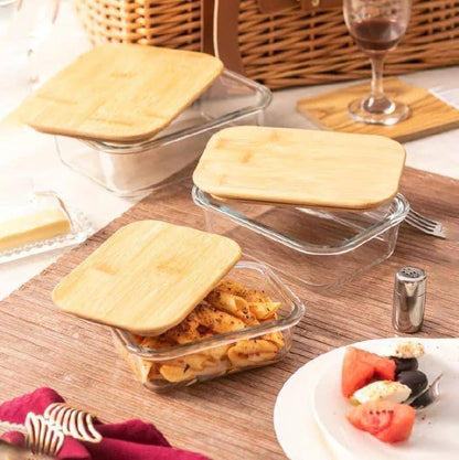 طقم علب ثلاجة زجاج بيركس مستطيل بغطاء خشب بامبو – 3 قطع
