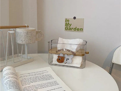 علبة مناديل أكريليك دبدوب بغطاء خشب بامبو