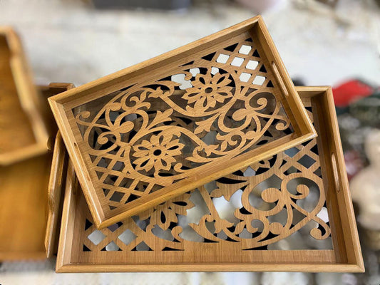 طقم صواني تقديم خشب زان محفور بالليزر، قطعتين مع طبقة حماية أكريليك اشكال متعددة