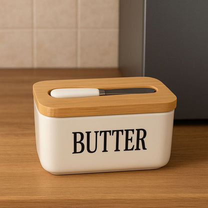 حافظة زبدة بورسلين مستوردة بغطاء خشب بامبو وسكينة ستانلس ستيل