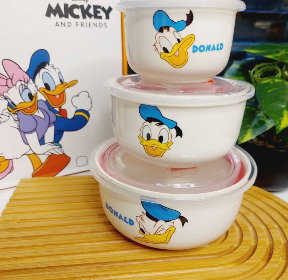 طقم ثلاجة بورسلين 3 قطع ديزني بغطاء محكم بشفط الهواء