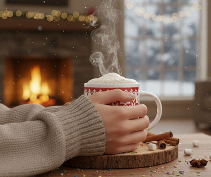 مج سيراميك بنقشة الثلج باللونين الأحمر والأبيض