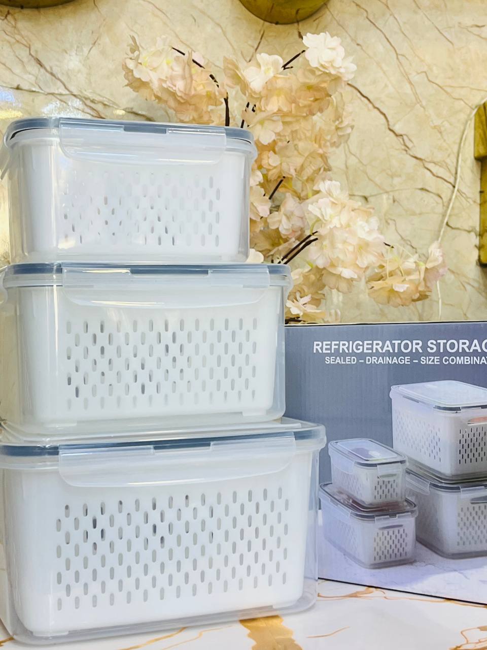 طقم علب ثلاجة 3 في 1 بالمصفاة